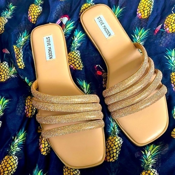 Brand New Steve Madden Rhinestone Multi-Strap Slip-On Sandals Bling Bronze Slide - Picture 15 of 15